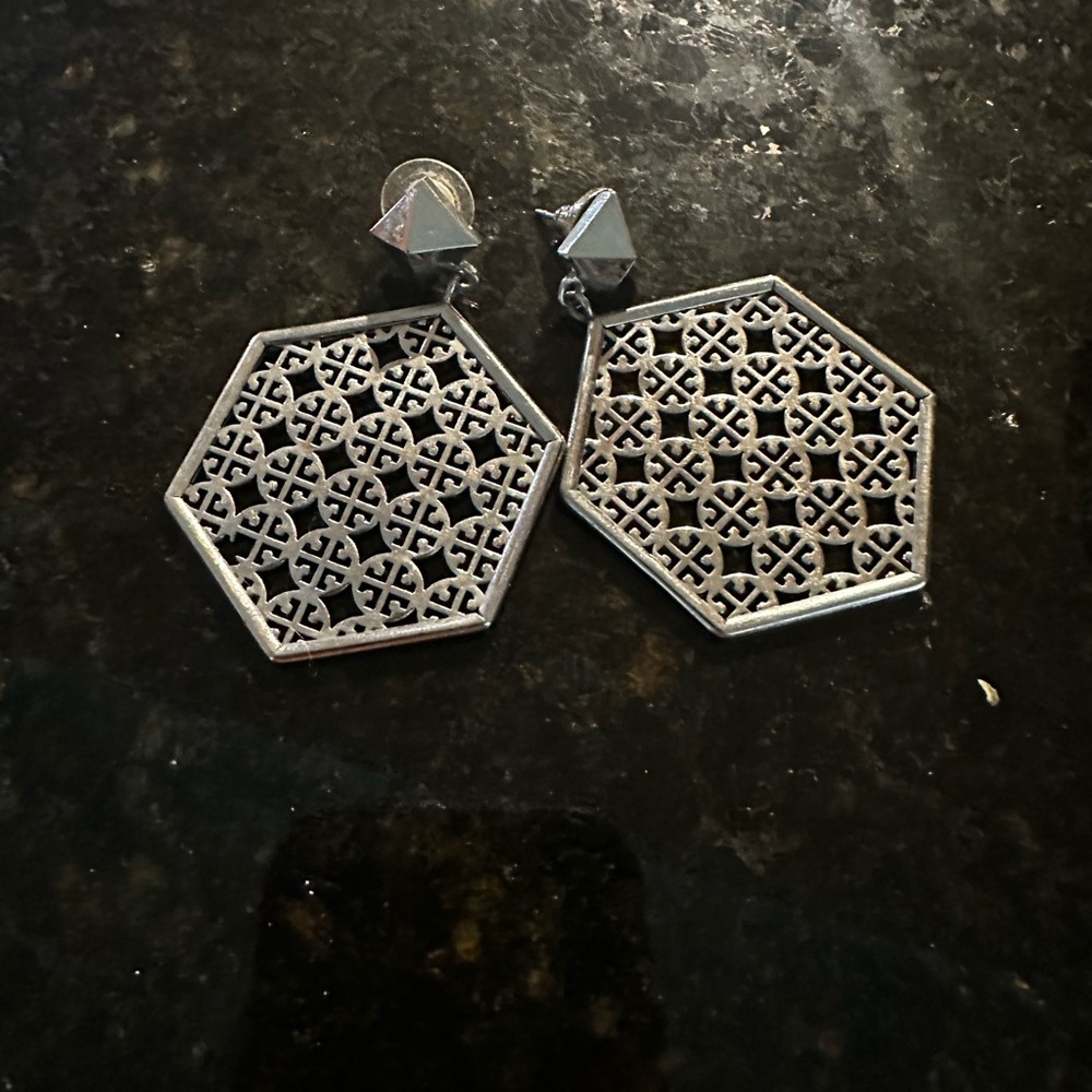 Tory Burch Hexagon Silver Earrings